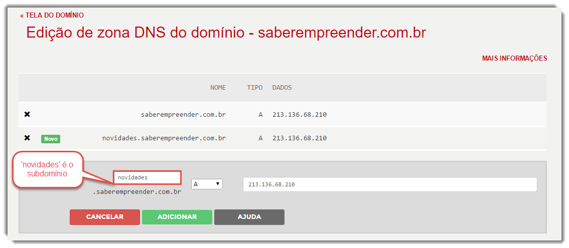 Exemplo feito em painel do Registro.br